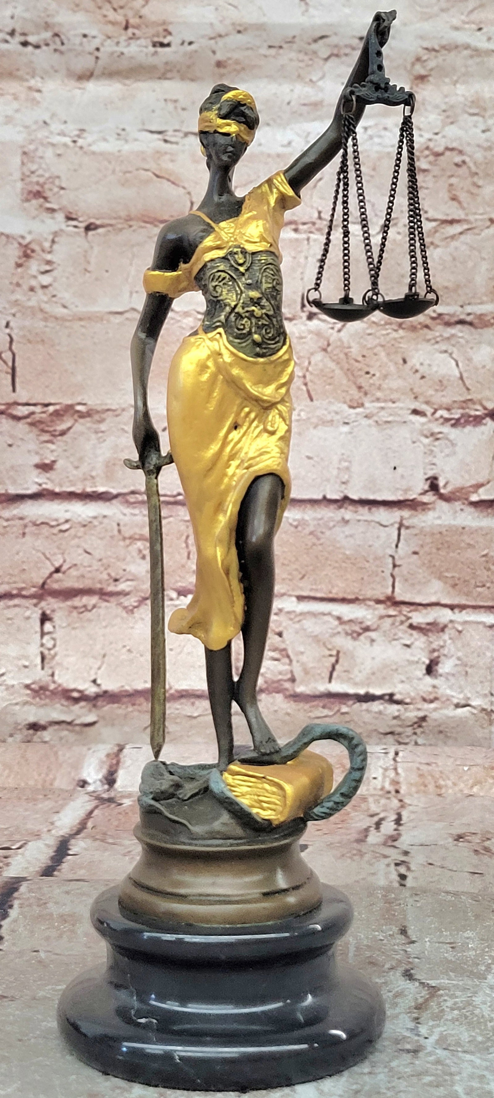 Lady Justicia Bronze Sculpture Gold Patina Scales Blind Justice Law Statue: Condition: This sculpture is in perfect condition Bronze Dimensions with Marble Base: Height 9 1/2" X Width 3" Marble Dimensions: Diameter 3" Height without base:8" Weight:3 LBS Inventory:70EP261MJ370