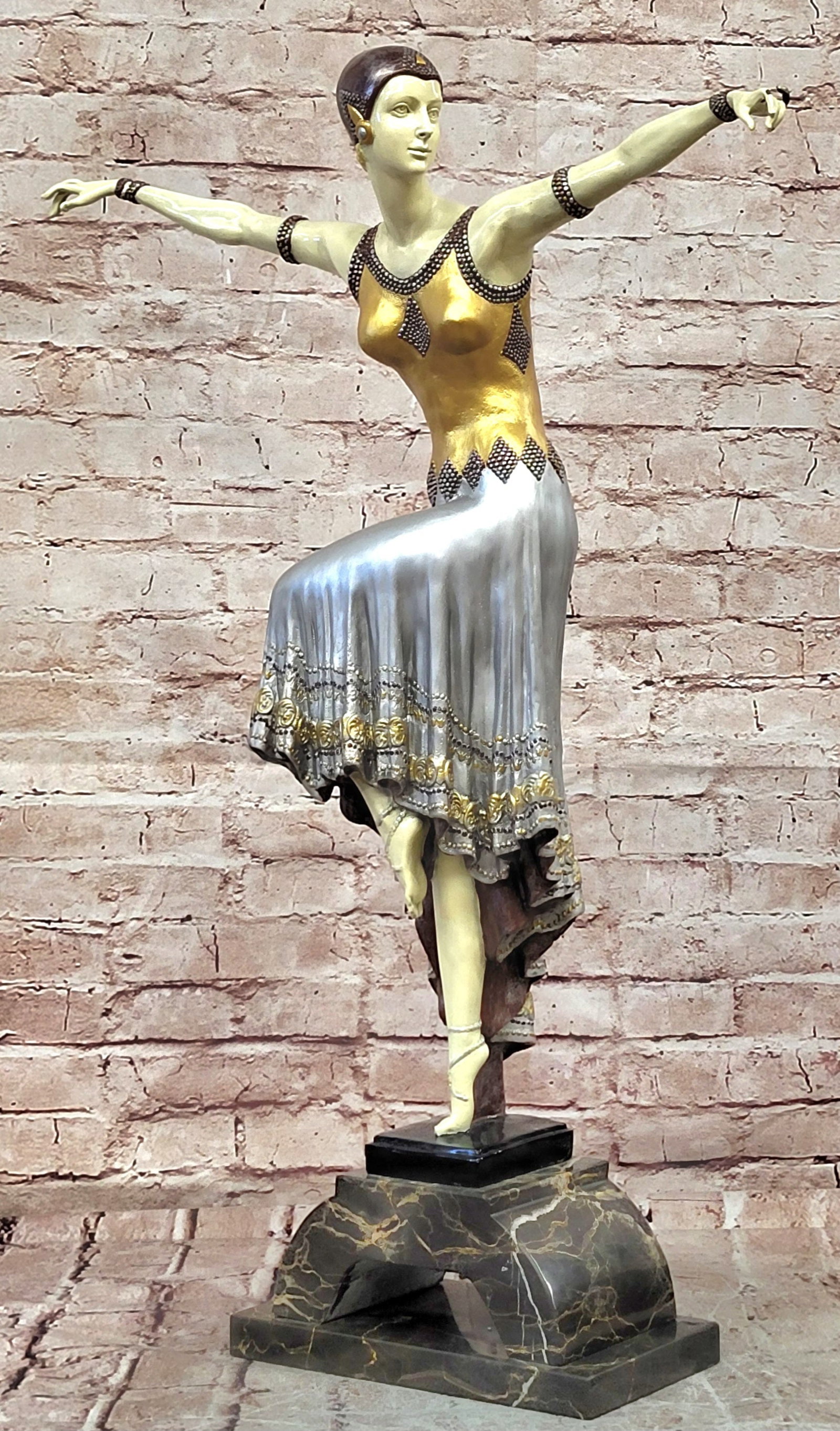 Art Deco Bronze Dancer Sculpture Demetre Chiparus Inspired Masterpiece Art: Condition: This sculpture is in perfect condition Bronze Dimensions with Marble Base: Height 27" X Width 19" Marble Dimensions:9.5" X 5" Height without base:22" Weight:29 LBS Inventory:23EP171MC29432 