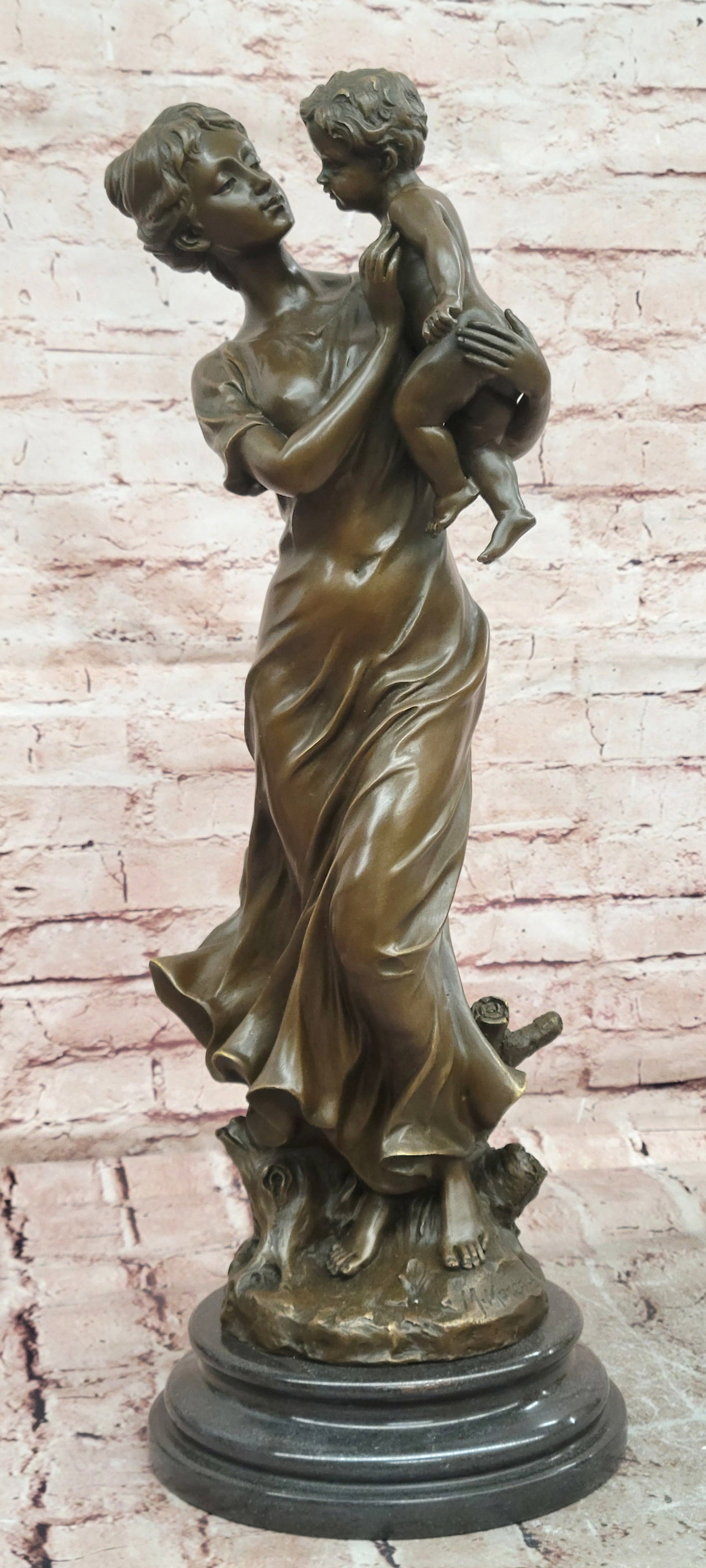 Bronze Family Sculpture Signed Moreau Mother and Child Collectible Art: Condition: This sculpture is in perfect condition. Bronze Dimensions with Marble Base: Height 22" X Width 7.5" Marble Dimensions: Diameter 7.5" Height without base:20" Weight:24 LBS Inventory:65EPA428