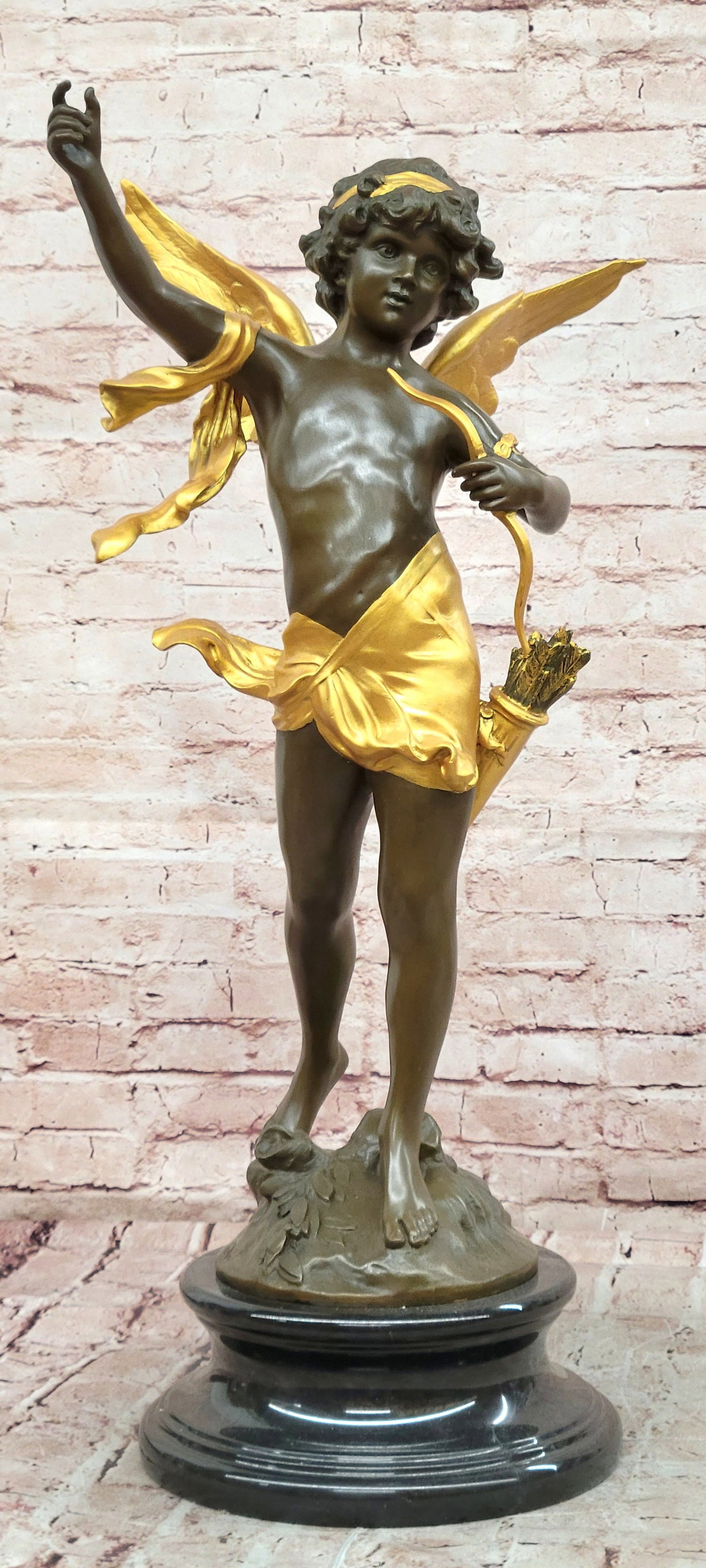 Bronze Romantic Cupid Sculpture Signed Moreau Angel Figurine Love Statue: Condition: This sculpture is in perfect condition. Bronze Dimensions with Marble Base: Height 28" X Width 13.5" Marble Dimensions: Diameter 10" Height without base:24" Weight:45 LBS Inventory:69EP015M
