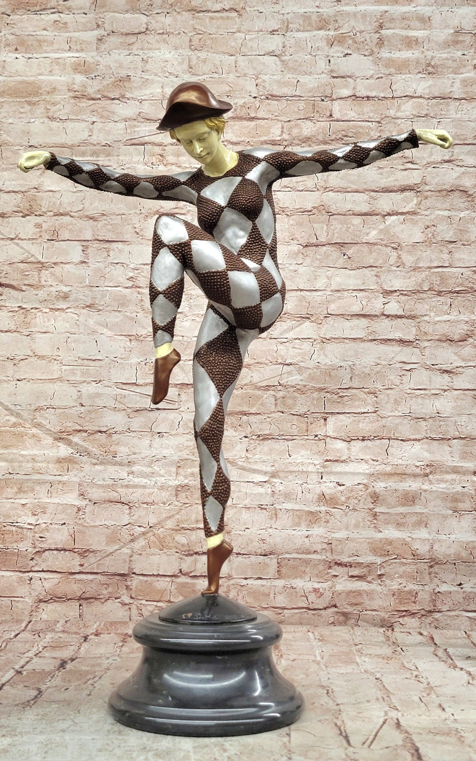 Cold Painted Bronze Harlequin Sculpture Extra Large Art Deco Collectible Statue: Condition: This sculpture is in perfect condition Bronze Dimensions with Marble Base: Height 28" X Width 19.5" Marble Dimensions: Diameter 9" Height without base:24" Weight:30 LBS Inventory:17 EP157MC