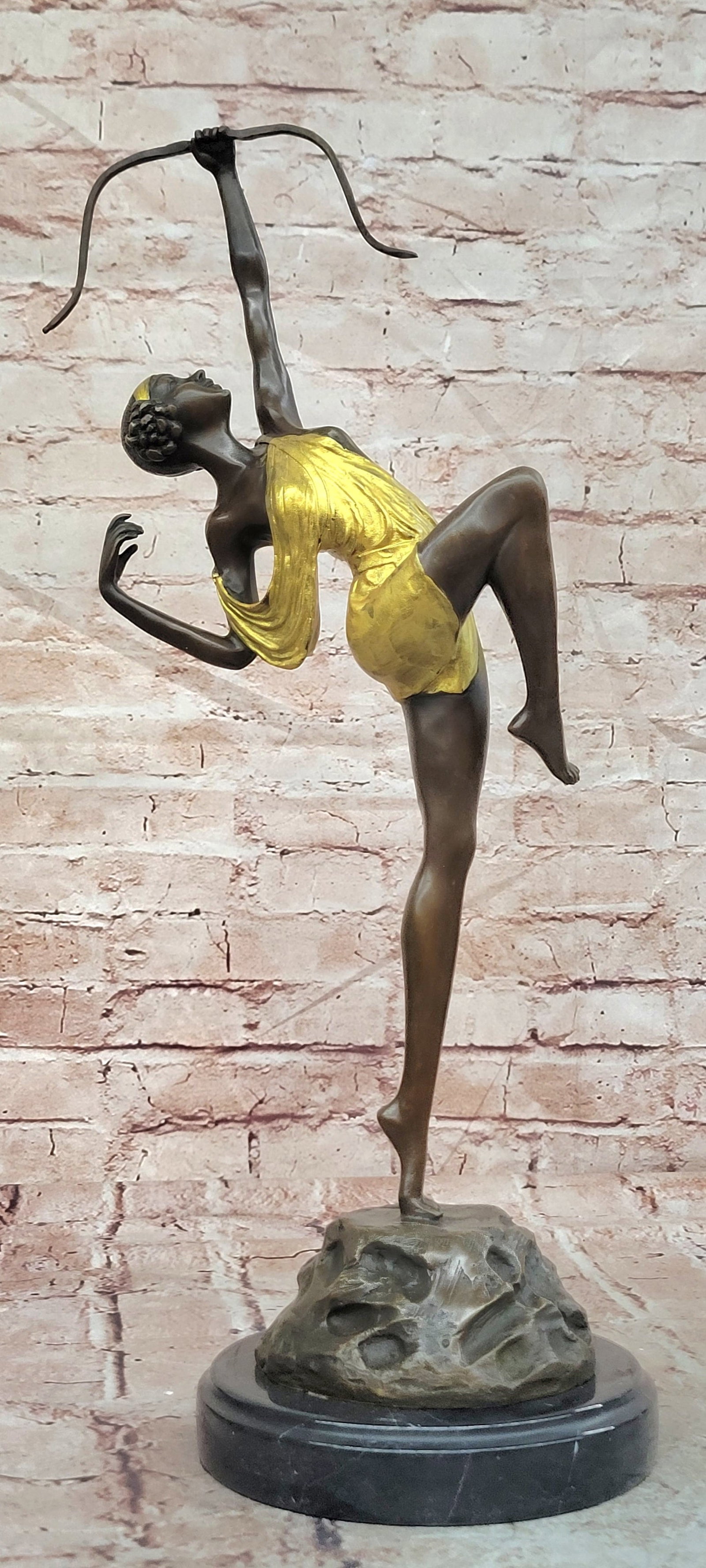 Bronze Greek Goddess Artemis Sculpture Art Deco Gold Patina Collectible Statue: Condition: This sculpture is in perfect condition Bronze Dimensions with Marble Base: 19" X 7" Marble Dimensions: Diameter 6" Height without base:18" Weight:10 LBS Inventory:18EP461J8481 This elegant 