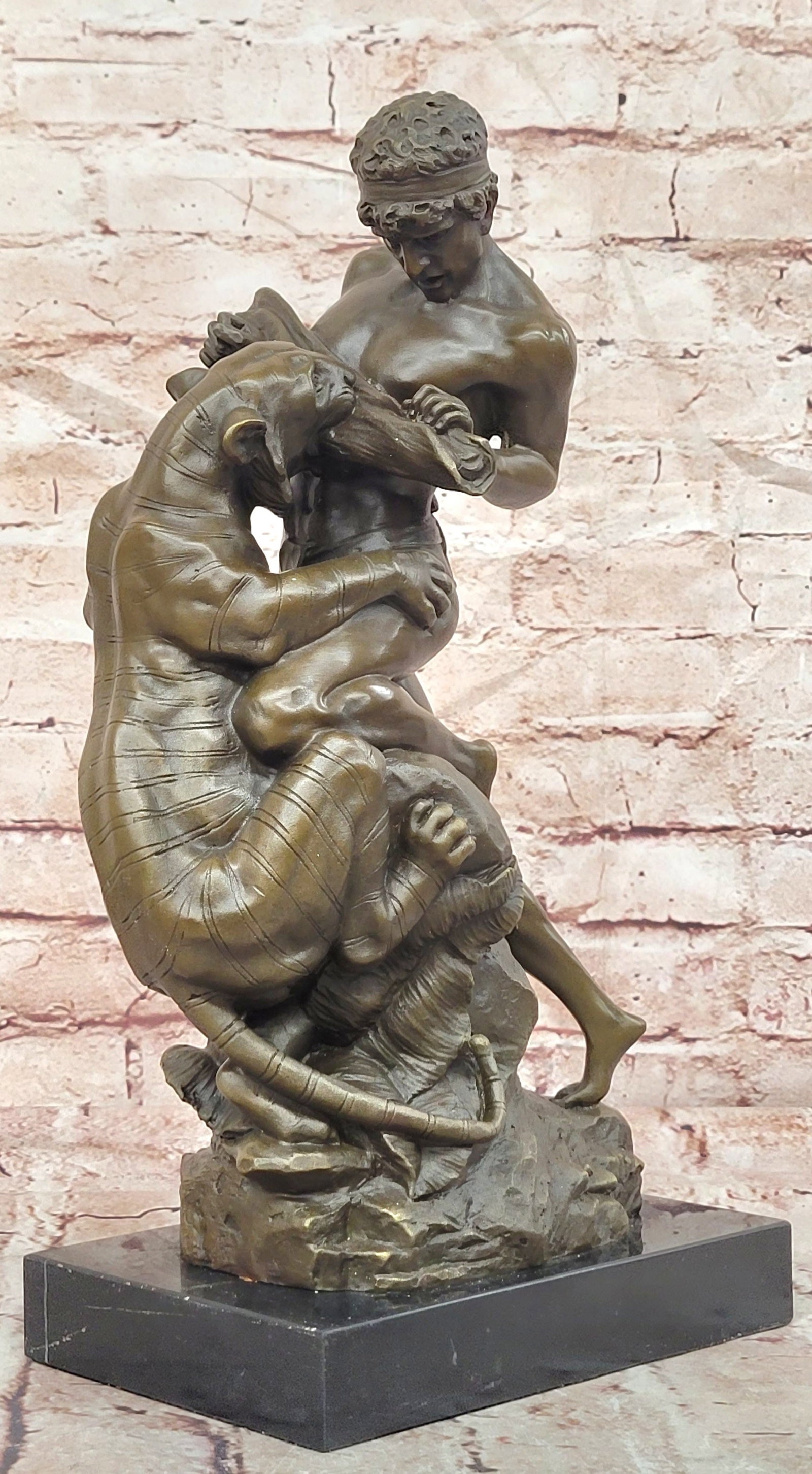 Bronze Dramatic Man vs Tiger Statue Drouot Fine Art Collectible Sculpture Statue: Condition: This sculpture is in perfect condition. Bronze Dimensions with Marble Base: Height 14" X Width 7.5" Marble Dimensions:7.5" X 4.5" Height without base:13" Weight:14 LBS Inventory:54EPA742191