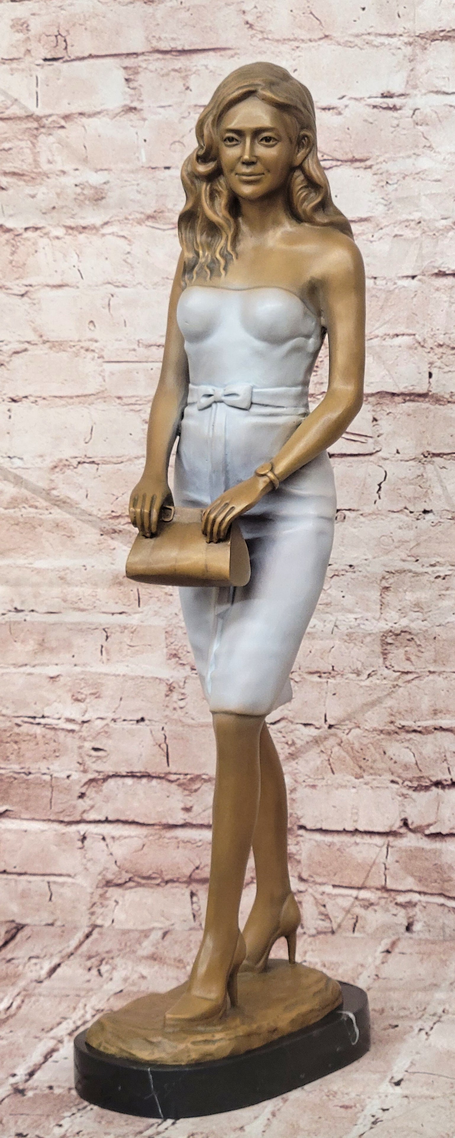 Bronze Sophisticated Lady Sculpture with Handbag Elegant Female Statue Art: Condition: This sculpture is in perfect condition. Bronze Dimensions with Marble Base: Height 25" x Width 8" Marble Dimensions: Diameter 8" Height without base:24" Weigh:16 LBS Inventory:65GTM812S2755