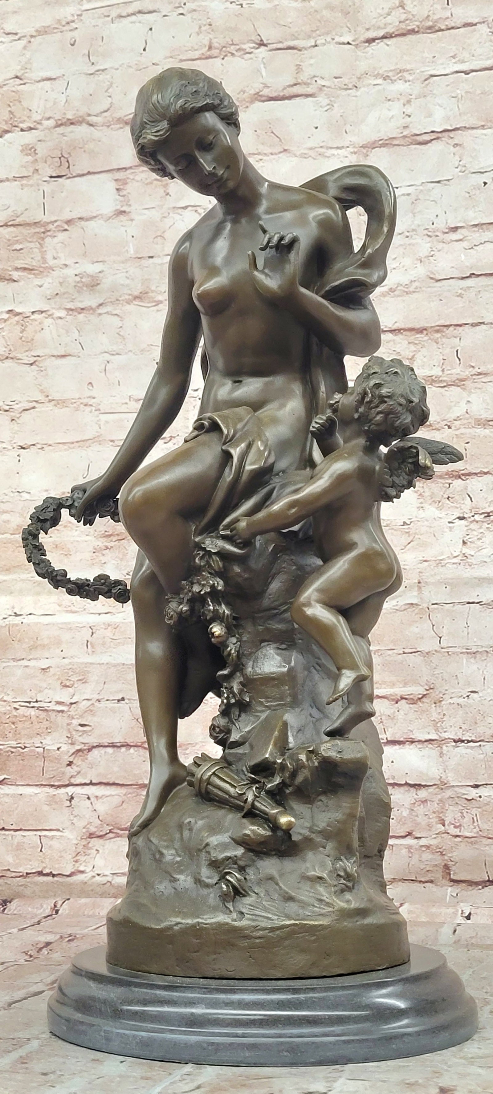Bronze Goddess Venus with Cherub Statue Signed Moreau Collectible Art: Condition: This sculpture is in perfect condition. Bronze Dimensions with Marble Base: Height 21.5" x Width 11.5" Marble Dimensions: Diameter 9.5" Height without base:20" Weight:35 LBS Inventory:17EP2