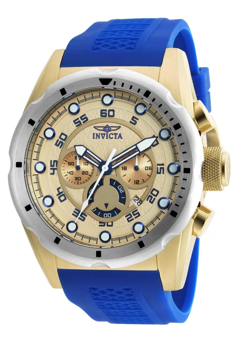 Invicta Men's 20307 Speedway Quartz Chronograph Gold Dial Watch: Brand: InvictaCollection: SpeedwaySub Collection: CougarGender: MenDial Color: GoldDial Material: SunrayBand Color: BlueBand Material: PolyurethaneCase Type: Stainless SteelCase Tone: Stainless SteelC