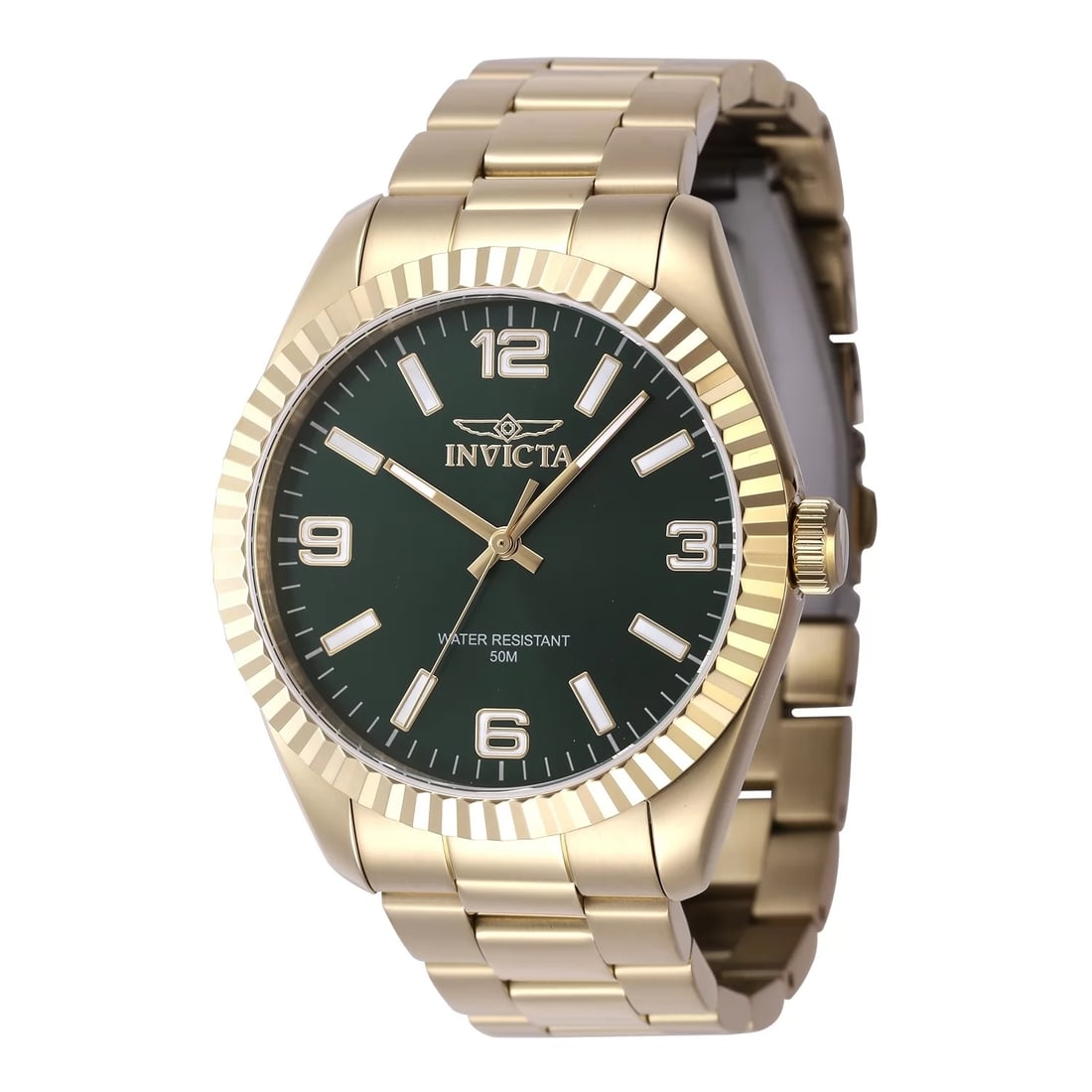 Invicta Men's 47459 Specialty Quartz 3 Hand Green Dial Watch: Brand: InvictaCollection: SpecialtyGender: MenDial Color: GreenDial Material: SunrayBand Color: GoldBand Material: Stainless SteelCase Type: Stainless SteelCase Tone: GoldCase Diameter: 43.00Strap Siz
