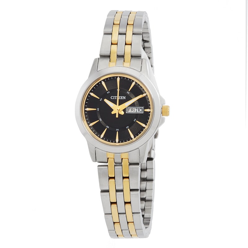 Citizen Quartz Black Dial Two-Tone Ladies Watch: Elevate your everyday style with this elegant Citizen ladies watch, designed with a refined balance of sophistication and practicality. The sleek black dial creates a striking contrast against luminou