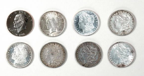 Lot of 8 Silver Dollars: Morgan dollars 1882-O, 1879-S, 1884, (2) 1880, 1897,1880-S, Peace dollar 1922, Eisenhower dollar, 1879-S and 1897 appear uncirculated. Fedex US lower 48 states ground shipping available for $25,