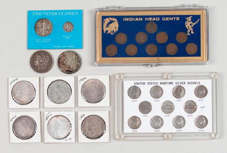 Lot of Assorted Coins: Lot of Assorted Coins,10 Indian cents,11 wartime nickles, 1942 mercury dime,1942 walking liberty half dollar, Peace dollars 1922, 1922,1924. Morgan dollars 1899-0,1900,1883, 1890-S,1878-S.&