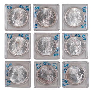 9 Morgan Silver Dollars, 1881-1889 Uncirculated: 9 Morgan Silver Dollars. All appear to be uncirculated 1883O, 1888, 1887, 1881S, 1889, 1884O, 1888, 1887, 1884O. In house US Fedex ground shipping available for $25.Unless the buyer holds a