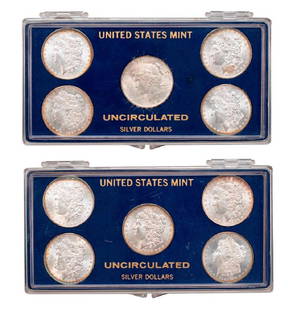 10 Silver Dollars, Uncirculated, 1883-1922: 9 Morgan Silver Dollars and 1 Peace Silver Dollar. 1887,1886,1883O,1886,1884O, 1885O, 1887,1886,1883O,1922. All appear to be uncirculated. In house US Fedex ground shipping available for