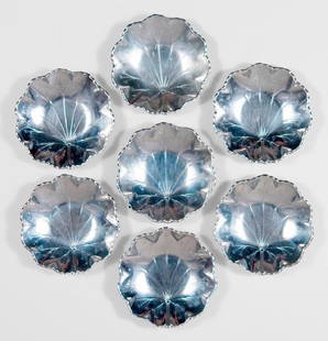 Set of 7 Sterling Leaf Pattern Sterling Bon-Bon Dishes: Set of 7 small leaf pattern sterling silver bon-bon or nut dishes. Each 2-1/8" dia. 6.08 ozt hallmarked. Fedex US lower 48 states ground shipping available for $25, international shipping