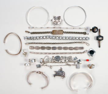 Lot of Sterling Jewelry: Lot of sterling and&nbsp;925 jewelry, including vintage charm bracelet. Total weight of 925 silver 6.28 ozt.&nbsp;Three additional bracelets tested 800 silver weigh 2.0 ozt. In house US Fedex ground s