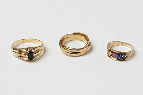 Three 14K Gold Rings: Three 14K Gold Rings.Two ladies and one man's ring. Total weight .530 ozt including stones. In house US Fedex ground shipping available for $18