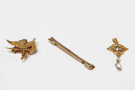 2 Vintage 14K Gold Pins w/7 Diamonds 14k Gold Pendant: Two vintage 14K pins and one 14K pendant ( 3 pieces total). Bar pin,14K with seed pearls length 2-1/2", Serpent pin, hallmarked, 14K with 7 diamonds: 1-1/8" X 1-1/4", 14K, Gold pendant wit