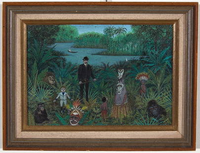 Jean Jones Jackson (1907-1984) In The Jungle: Jean Jones Jackson, oil on masonite, circa 1975. 4-1/2" X 6-1/2" sight, framed 6-5/8" X 8-5/8". Signed JJJ lower right. Petty Parsons stamp on reverse. Jackson was active and lived in New York and Nor