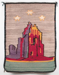 Navajo Pictorial Weaving - Shiprock: Vintage Navajo Pictorial Rug - Shiprock. Excellent condition with gorgeous vivid colors. Lower ground is a beautiful sage green. Early 20th century. 47" x 36". Fedex US lower 48 states ground shi