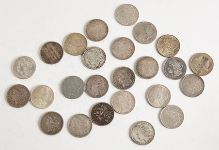 25 Morgan Silver Dollars: 25 Morgan Silver Dollars-1875, 1878, 1879,1879-S, 1833, 1833-S, 1881, (2)1884, 1886, 1887-O, (2)1890, (2)1890-O, 1885, (2) 1889-O, 1901-O, (6)1921.