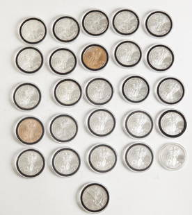 26 American Eagle Silver Dollars: 26 American Eagle Silver Dollars, All in cases and appear uncirculated. 2-1997, 1-2000, 1-2001, 1-2004, 1-2005, 1-2008, and 19-2009