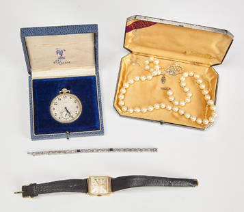 Jewelry Lot - Hamilton 14K Watch - Pearls: Jewelry Lot - including Hamilton 14K Watch, working condition, Elgin pocket watch, not working, 10K gold bracelet with stones 225 ozt. Strand of pearls, original 14K clasp included. L17-3/8"