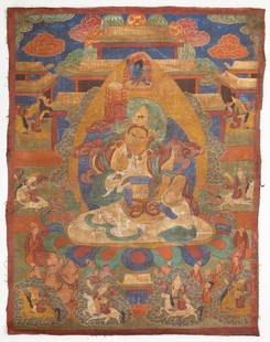 Early Tibetan Thangka Painting: Very Fine Early Tibetan Tangka Painting. Paint on fine fabric. 20" x 25-1/2".