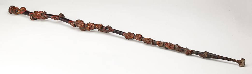 Early Chinese Digging Staff: Unusual Early Chinese Digging Staff. Carved wood with paint and gilt. End of tool is wrought iron. Overall Length 47-1/2".