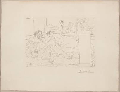 Pablo Picasso-de sculpteur IV from Suite Vollard, 1933: Pablo Picasso (1881-1973) Le repos du sculpteur IV, pl. 65, from La Suite Vollard, 1933 Etching on laid paper. Vollard watermark 7-1/2 x 10-1/2 inches (19.1 x 26.7 cm) (image) 13-1/4 x 17-1/