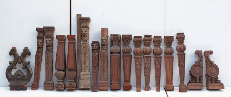 Brewster Mansion -17 Carved Architectural Elements: Mixed lot of 17 carved architectural elements. Tallest is 35"h. Preview inspection for Brewster Architectural Elements by appointment. Call 203-777-7760.Designed by Stephenson and Wheeler of New York