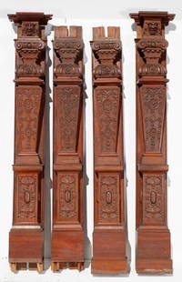 Brewster Mansion-4 Elaborately Carved Pilasters: 4 Elaborately carved Pilasters. Walnut or tropical wood. 97"h x 12"w x 7-1/2". Two missing top sections as seen in photographs. Preview inspection for Brewster Architectural Elements by