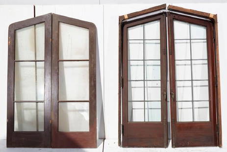 Leaded Glass two panel door with architectural surround: Brewster Mansion-Leaded Glass two panel doors with architectural surrounds with storms. Walnut or tropical wood. Glass broken on one storm door. 92" h (door only) L 30"w x R 30"w. Preview inspection