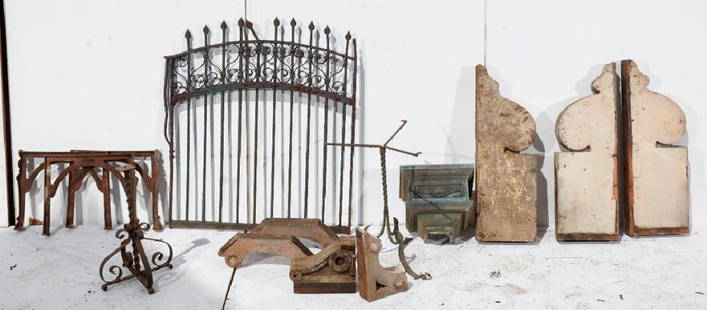 Brewster Mansion-Iron metal architectural lot: Brewster Mansion-Iron, metal and wood architectural lot. Gate, two table bases, iron stands, copper downspout, misc wooden architectural items. Preview inspection for Brewster Architectural