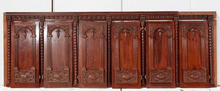 Architectural cabinet front with 6 carved doors: Brewster Mansion-Architectural carved cabinet front with 6 carved doors. 52"h x 146"l Each door measures 45-1/2 x 19-1/2. Preview inspection for Brewster Architectural Elements by