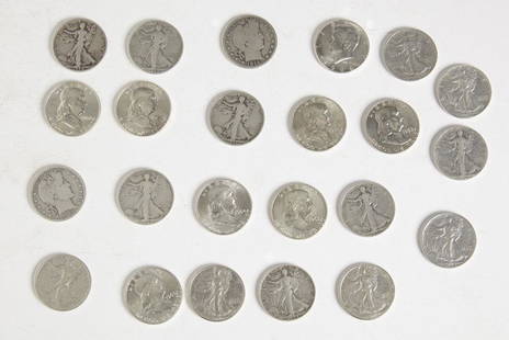 Lot of 23 Silver US Half Dollars: Lot of 23 Silver US Half Dollars. 1902 Barber, 1915 Barber, 1934 Walking Liberty, 1935 Walking Liberty, 1936 Walking Liberty, 1937 Walking Liberty, 1938 Walking Liberty, 1939 Walking Liberty, 1941