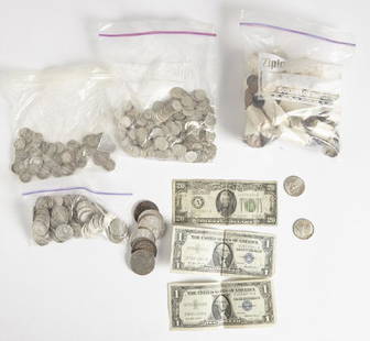 Large Lot Coins and Currency 1964 or Earlier: Large Lot of mixed vintage coins including; 6 silver dollars, 2 Kennedy silver half dollars, 85 Washington quarters 1964 or before, 231 Roosevelt dimes 1964 or before. 84 Mercury dimes. 20 dollar US