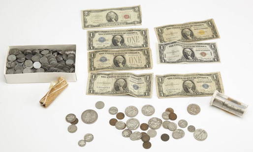 Lot US Coins and Currency: Unc roll of 1959 Lincoln cents, Approx 475 steel Lincoln cents, approx 45 Liberty nickels 1883-1912, 6 half dollars 1934-1952, 1878 Morgan dollar, 12 Indian Head Pennies, 10 buffalo nickels, 3 Barber