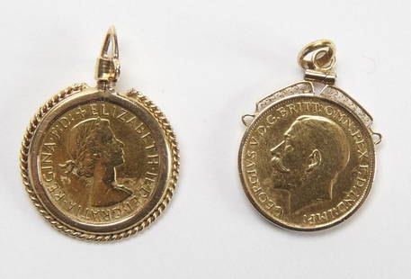 Two British ÊSovereign 22K Gold Coins: Two British Sovereign 22K Gold Coins, 1925 and 1958, turned into pendants, .675 ozt.