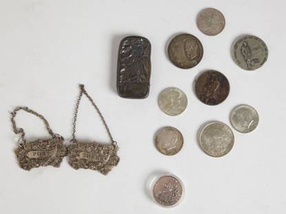 Mixed Lot Silver Coins Jewelry and Misc: Hallmarked Silver Sherry and Port labels, Morgan Dollar, Peace Dollar, 4 half dollars 1963-64, 1973 10 Bolivares 30 grams silver, 1976 sterling New Haven Medal 1 ozt, sterling, match safe, weight of