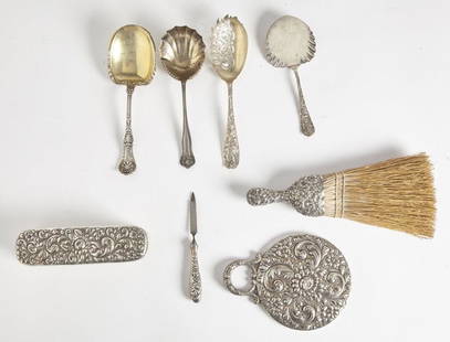 4 Sterling Serving Pieces & Sterling Dresser Set: 4 Large Sterling Serving Pieces plus a Sterling Dresser Set comprising a whisk broom, hand mirror, brush,and nail file. Weight of serving pieces only without dresser set 11.65ozt. Excellent condition