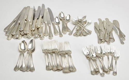 Partial Set of Sterling Flatware-1910: Partial Set of Sterling Flatware dated 1910 Traub Bros 16 forks, 6 soup spoons, 6 teaspoons, 13 desert forks, 24 butter knives, 12 condiment forks, 24 knives with sterling handles, weight EXCLUDING