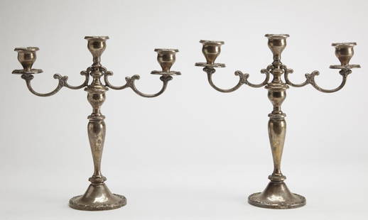 Pair of Gorham Sterling Candelabras: Pair of Gorham weighted Sterling Candelabras. H 14" W 13-3/4". Excellent condition. Tarnish and light wear as expected.