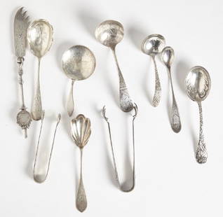 Mixed lot of Early Sterling Flatware: Mixed 10 piece lot of Sterling Flatware. Makers include A. Stowell, P.A.C. L.B. Gay (coin), T & E Dickenson, others hallmarked.7.6 ozt..