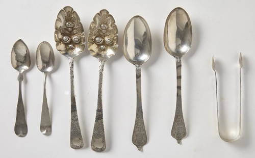 Lot Early Silver Serving Spoons -1741: Lot Early Georgian Silver Serving Spoons - Pair are hallmarked and engraved 1741. Fancy pair hallmarked. Plus 2 coin silver spoons and one coin sugar tongs. Total weight 10 ozt.