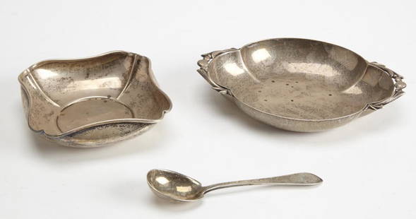 Two Wrought Sterling Silver Candy Dishes - Tiffany: Bowl signed RANDAHL, dia aprox 5". weight 4.5 ozt. Oblong bowl stamped HANDWROUGHT and hallmarked with a tree flanked by C on each side. L 7-1/2". Together with a Tiffany sterling spoon. Total weight