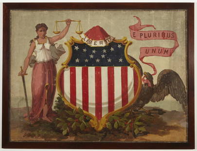 Rare 1874 Concord Massachusetts Centennial Banner: Rare 1874 Concord Massachusetts Centennial Banner. Paint on fabric. Signed on reverse "Lamprell & Marble Manufacturers Boston, Mass. Decorators" Framed size: H 38-1/2", W50-3/4". Excellent condition.