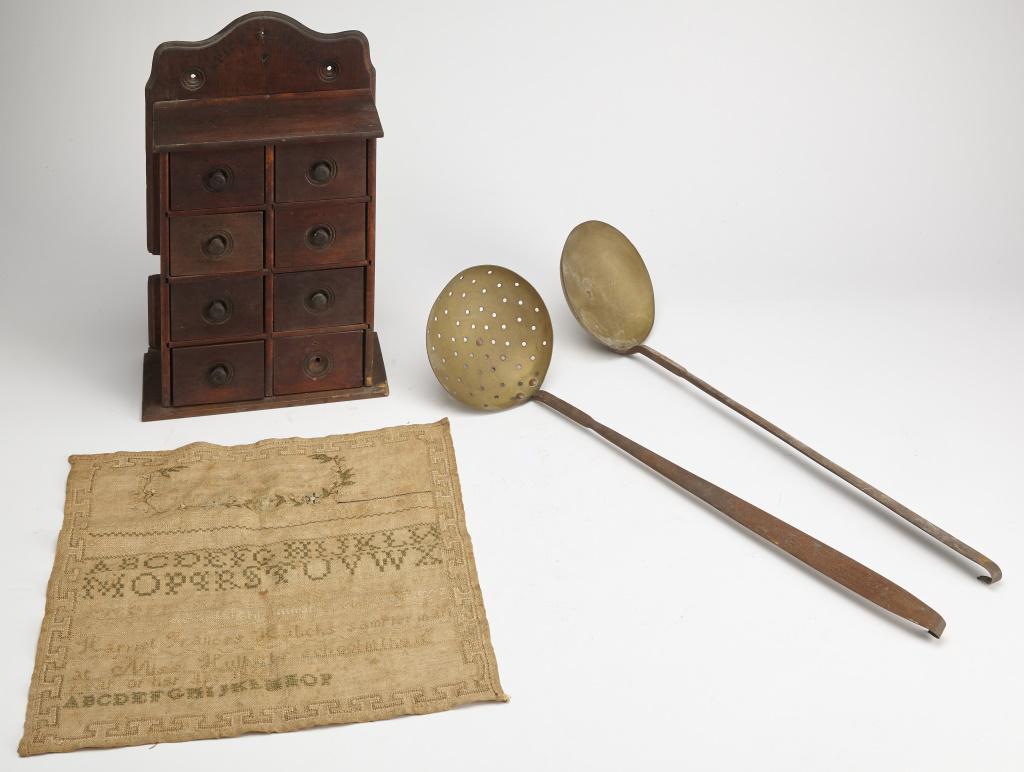 Spice Chest and Iron & Brass Ladle and Skimmer: Hanging Spice Chest H 16/3/4",Ê Iron & Brass Ladle and Skimmer 24" L . Needle work Sampler. All in excellent condition.