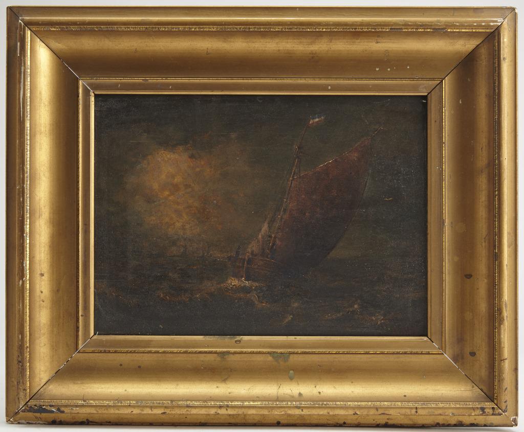 Robert Hopkin - Marine Scene-1860: Robert Hopkin - Marine Scene. Oil on panel,signed dated 1860 on reverse. Panel size: H 8-5/8", W 12". Framed size: H 17-3/8", W 14-1/4". Excellent untouched condition. Grime and minor imperfections. I