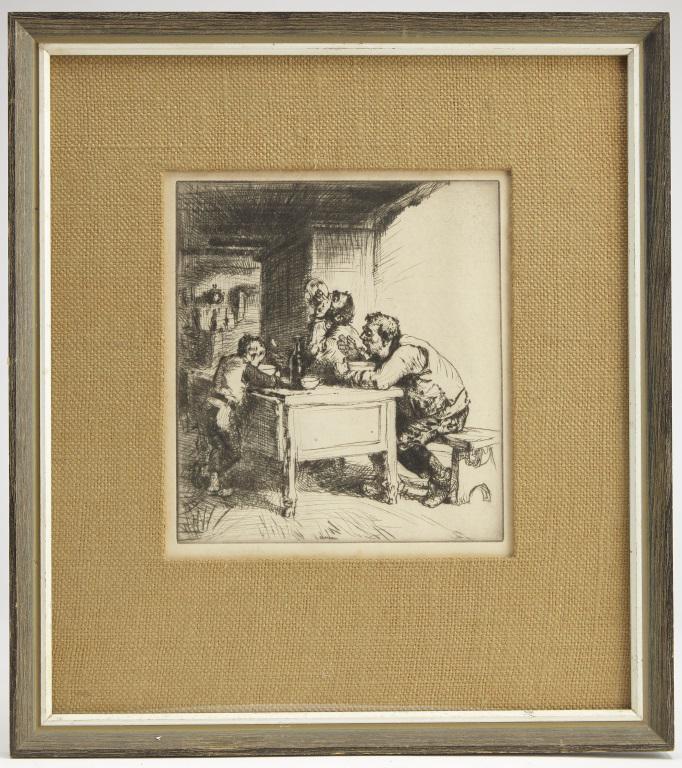John Sloan and Edmund Blampied Etchings: John Sloan signed LR, Edmund Blampied signed LL, two etchings. Sloan mat opening: H 4-1/4", W 2-1/2", framed size: H 8-3/4", W 7". Blampied: H 9-1/2" , W 8-1/2", framed: H 18-3/8" , W 16-1/4".