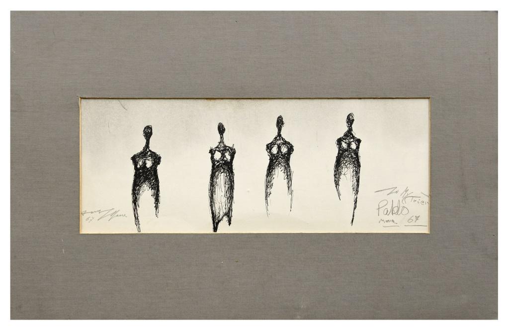 Pen & Ink signed Henry Moore 1967: Pen and ink drawing of four figures. Signed LL and dated 67. Inscribed LR "To My Friend Pablo" Matt size: H 14", W 22". Opening: H 6", W 15-1/2".Paper size: H 6-5/8, W 17-5/8". Some toning to the pape