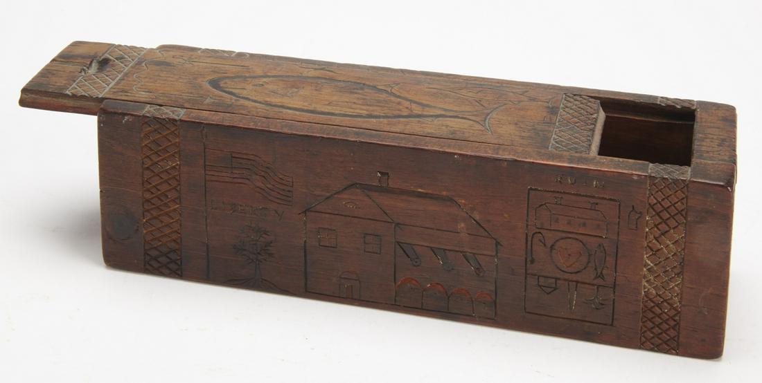 Slide Top Box with Carved House & Fish dated 1851 (1 of 6)